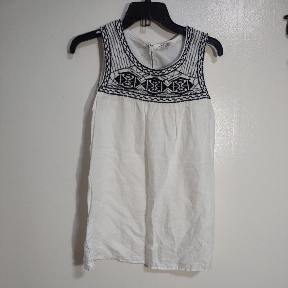 Artisan NY Sz S 100% Linen Embroidered White Black Sleeveless Blouse